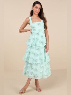 Lulus Exceptional Entrance Mint Sleeveless Tiered Rosette Midi Dress XL 14 NEW